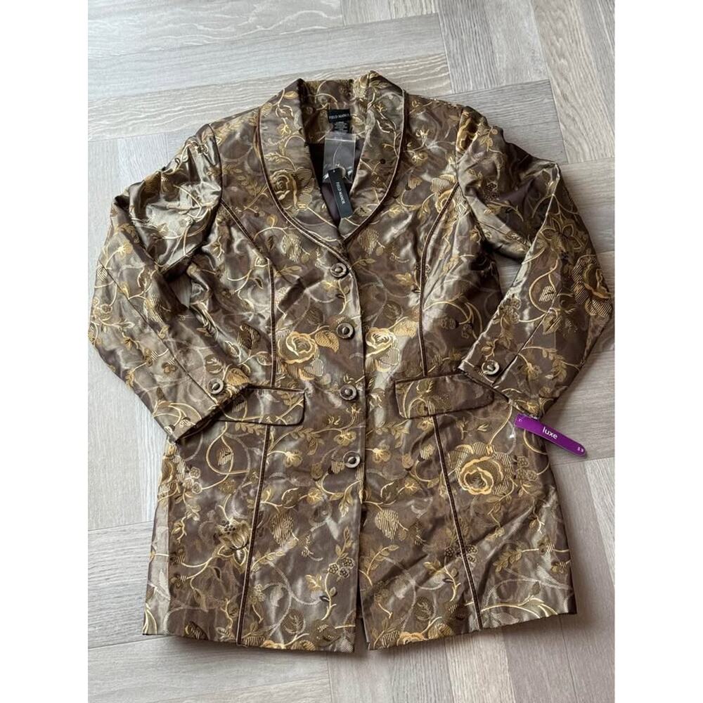 Womens Bronze Gold Floral Brocade Longline Blazer Jacket Large NWT Regencycore